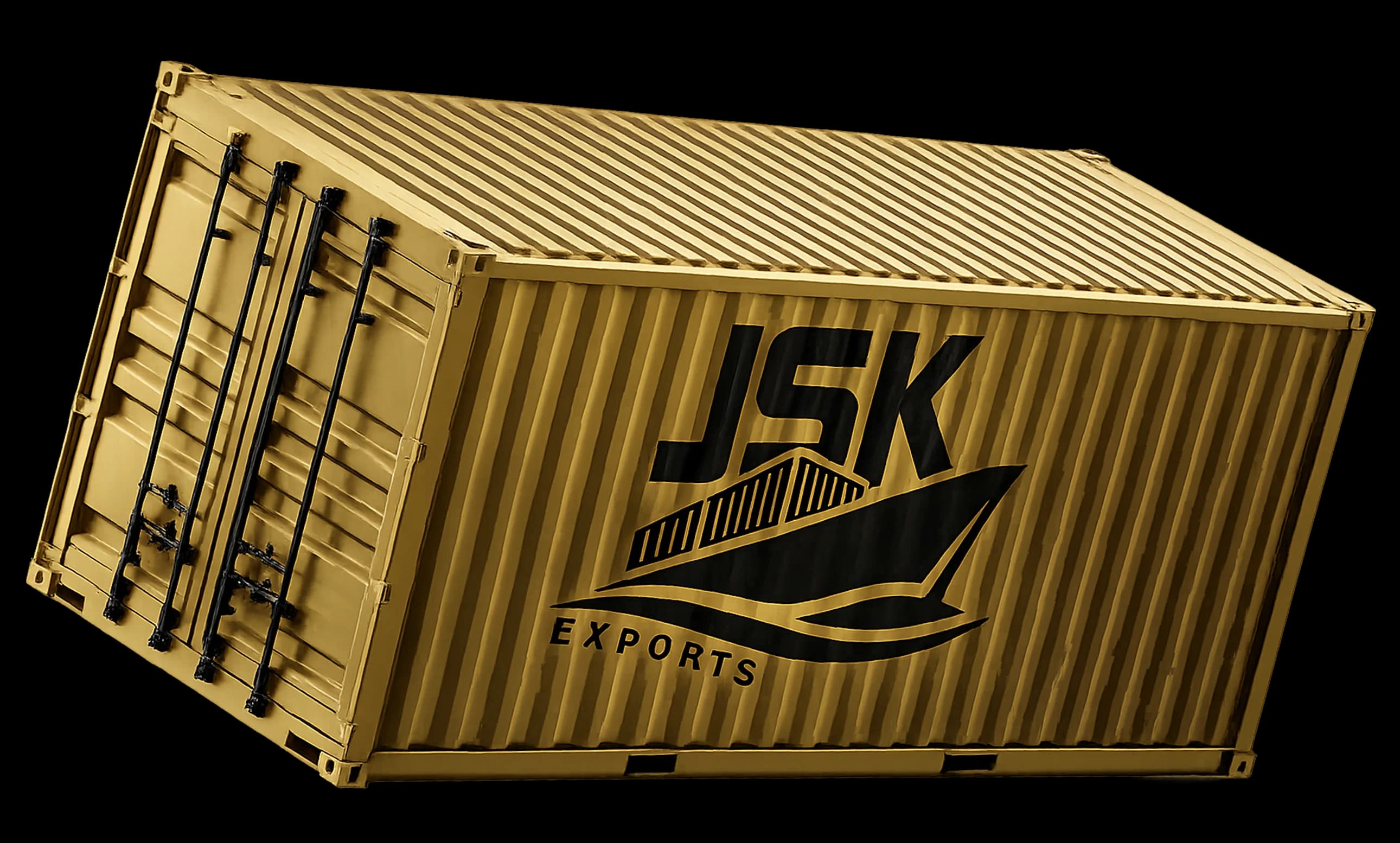 A golden JSK Exports shipping container